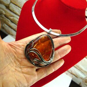 Giant Amber and 925 Sterling Silver Pendant Brooch Combo With Wide Omega Wire